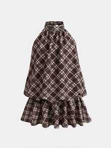 SHEIN 青少年女孩休閒簡約優雅深藍色修身洋裝，優雅大方不對稱A字設計，高彈性針織面料，適合日常休閒外出 - 咖啡棕 - 查看 2