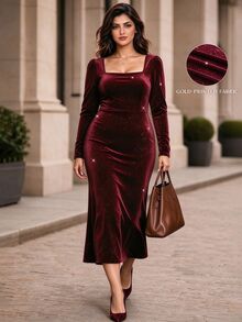 Velvienne Plus-Size Lady's Party Christmas Velvet Autumn Dress Fall - Red - View 1