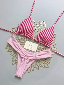 Swim Vcay Spring/Summer Vacation Beach Striped Halter Tie Tank Top And Triangle Bikini Bottom Bikini Set Set - Multicolor - View 5