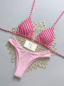 Swim Vcay Spring/Summer Vacation Beach Striped Halter Tie Tank Top And Triangle Bikini Bottom Bikini Set Set - Multicolor - View 6