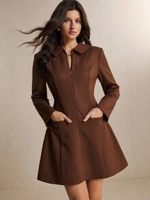 Poéselle Women's Solid Color Casual Daily Summer Short Dress - Brown - View 4