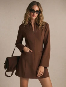 Poéselle Women's Solid Color Casual Daily Summer Short Dress - Brown - View 2