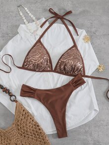 Slaydiva Brun sexig bikini i plus size med paljetter, halterneck och triangelkup, 2 delar - Brun - Visa 12