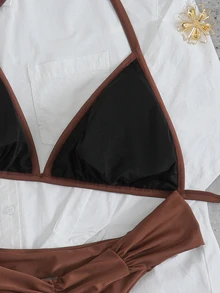 Slaydiva Brun sexig bikini i plus size med paljetter, halterneck och triangelkup, 2 delar - Brun - Visa 11