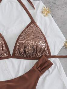Slaydiva Brun sexig bikini i plus size med paljetter, halterneck och triangelkup, 2 delar - Brun - Visa 10