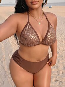 Slaydiva Brun sexig bikini i plus size med paljetter, halterneck och triangelkup, 2 delar - Brun - Visa 5