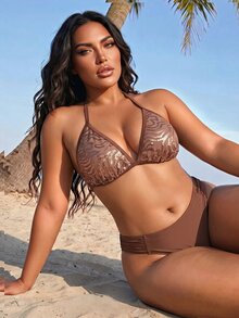 Slaydiva Brun sexig bikini i plus size med paljetter, halterneck och triangelkup, 2 delar - Brun - Visa 3
