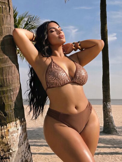 Slaydiva Brown Sequin Halter Triangle Cup Sexy Plus Size Swimsuit Set 2 Pieces