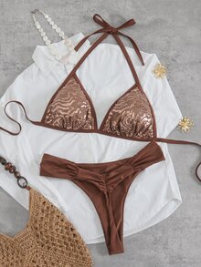Slaydiva Brun sexig bikini i plus size med paljetter, halterneck och triangelkup, 2 delar - Brun - Visa 7