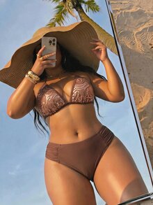 Slaydiva Brun sexig bikini i plus size med paljetter, halterneck och triangelkup, 2 delar - Brun - Visa 6