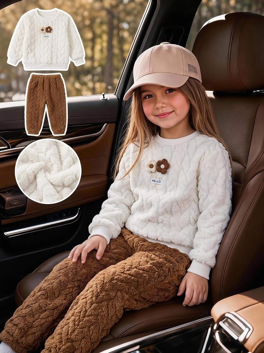 SHEIN YOUNG GIRL 秋冬白色提花毛絨套頭衫套裝,可愛3D花朵設計,彈性袖口與下擺,日常穿著與外出必備,西式風格 - 棕色 - 查看 1