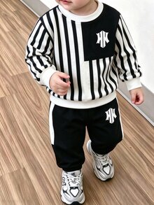 Infant Toddler Cowboy Racing Sweatshirt Outfit, Black White Vertical Stripe Letter Logo Pattern, Long Pants 2 Pieces Set, Family, Fall, Baby Boys - Multicolor - View 1