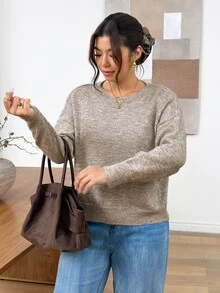 Lounesse Plus Size Women's Crew Neck Drop Shoulder Long Sleeve Casual Pullover Sweater Winter - Multicolor - View 4