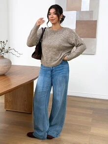 Lounesse Plus Size Women's Crew Neck Drop Shoulder Long Sleeve Casual Pullover Sweater Winter - Multicolor - View 7