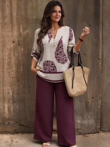 Weeklong Spring/Autumn Women's Plus Size Printed Loose Casual Top, Solid Color Loose Long Pants Set, Daily Casual Vacation Home Wear Outfit Fall - Multicolor - View 1