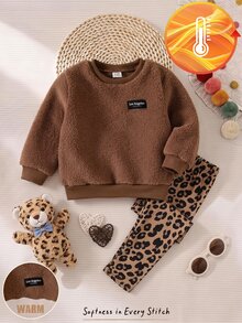 Infant Baby Girl 2Pcs Leopard Print Outfit, Teddy Fleece Sweatshirt & Stretchy Leggings Set - Apricot - View 3