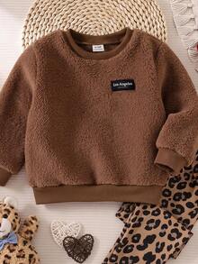 Infant Baby Girl 2Pcs Leopard Print Outfit, Teddy Fleece Sweatshirt & Stretchy Leggings Set - Apricot - View 4