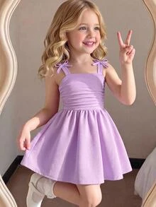 SHEIN 少女嬰兒紫色公主生日禮服，仙女純色3D蝴蝶結抓皺肩帶夏季陽光裙，適合青少年女孩9-12歲舞會派對 - 紫色 - 查看 2