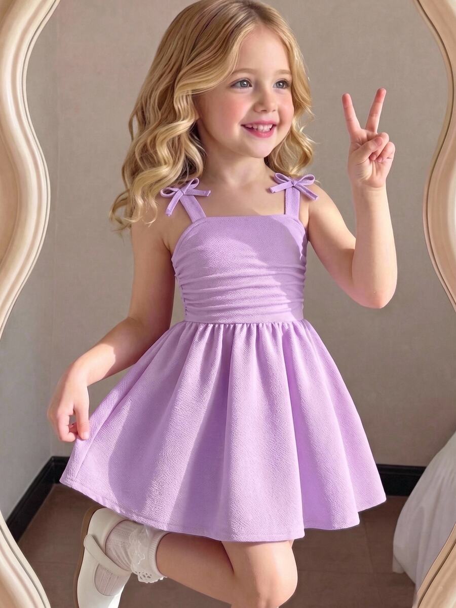 SHEIN 少女嬰兒紫色公主生日禮服，仙女純色3D蝴蝶結抓皺肩帶夏季陽光裙，適合青少年女孩9-12歲舞會派對