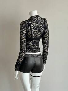 Flirla Women's Fashionable Black Sexy Lace Top - Black - View 2