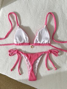 SHEIN Swim 亮粉色褶皱面料挂脖比基尼上衣和系带泳裤两件套女式泳衣 - 玫紅色 - 查看 2