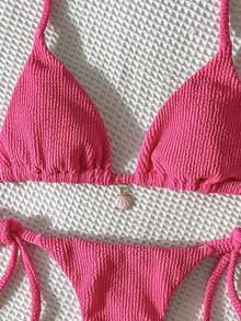 SHEIN Swim 亮粉色褶皱面料挂脖比基尼上衣和系带泳裤两件套女式泳衣 - 玫紅色 - 查看 6