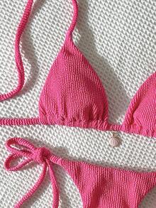 SHEIN Swim 亮粉色褶皱面料挂脖比基尼上衣和系带泳裤两件套女式泳衣 - 玫紅色 - 查看 5