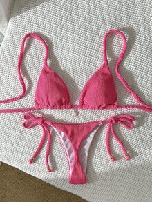 SHEIN Swim 亮粉色褶皱面料挂脖比基尼上衣和系带泳裤两件套女式泳衣 - 玫紅色 - 查看 3