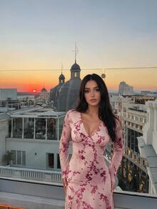 BELROSIE Dusty Pink Floral Branch Print Mesh Dress, V-Neck Ruched Chest, Long Sleeve Midi, Elastic Slim Fit, A-Line Skirt, Tea Party Brunch, Fall Elegant - Multicolor - View 3