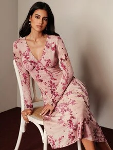 BELROSIE Dusty Pink Floral Branch Print Mesh Dress, V-Neck Ruched Chest, Long Sleeve Midi, Elastic Slim Fit, A-Line Skirt, Tea Party Brunch, Fall Elegant - Multicolor - View 1