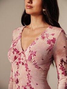 BELROSIE Dusty Pink Floral Branch Print Mesh Dress, V-Neck Ruched Chest, Long Sleeve Midi, Elastic Slim Fit, A-Line Skirt, Tea Party Brunch, Fall Elegant - Multicolor - View 10