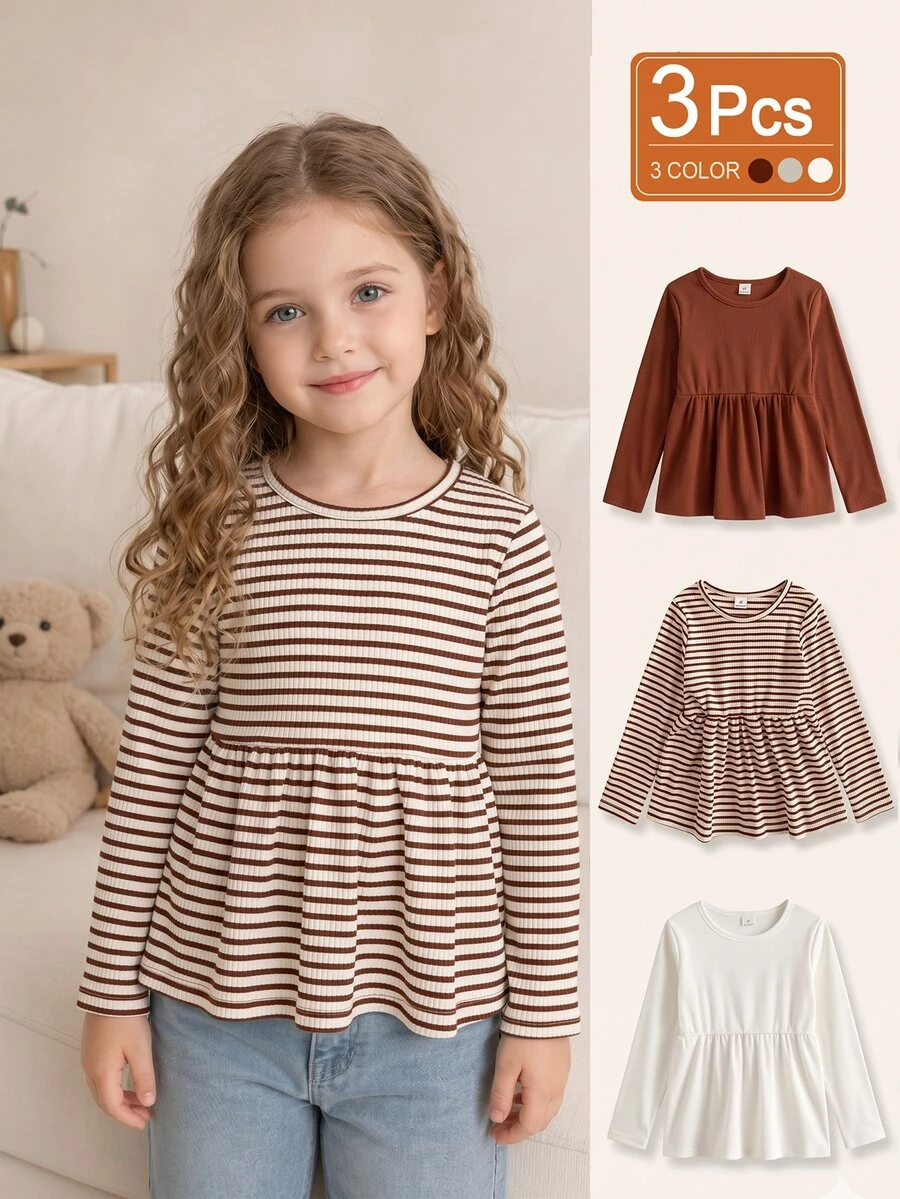 3pcs Girls Solid Color & Striped Round Neck Long Sleeve T-Shirts, Autumn/Winter Tops - Multicolor - View 1