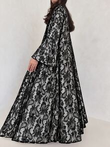Yasmyna Vintage Heavy Floral Lace Loose Wide Bell Sleeve Long Cover Up Muslim Abaya Cover-Up - Black - View 4