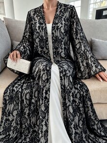 Yasmyna Vintage Heavy Floral Lace Loose Wide Bell Sleeve Long Cover Up Muslim Abaya Cover-Up - Black - View 3