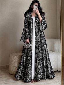 Yasmyna Vintage Heavy Floral Lace Loose Wide Bell Sleeve Long Cover Up Muslim Abaya Cover-Up - Black - View 7
