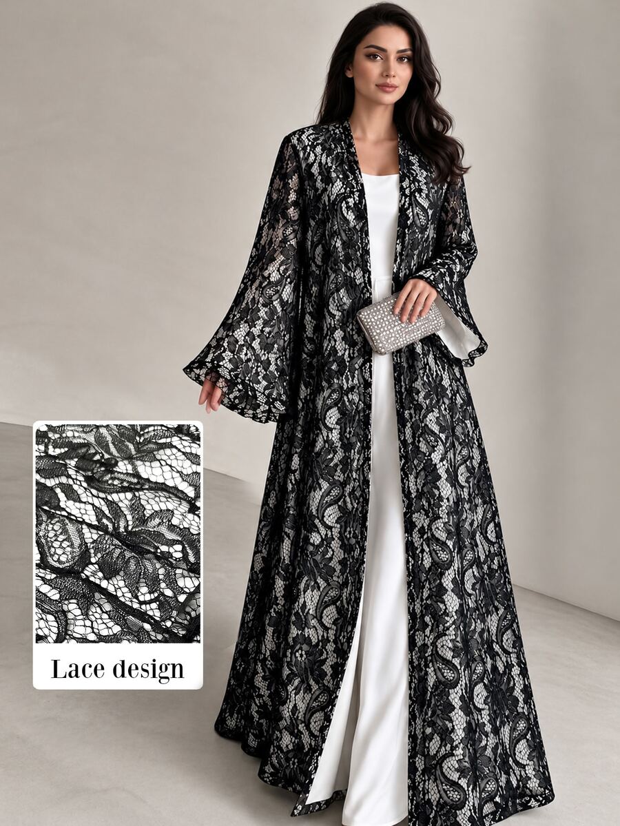 Yasmyna Vintage Heavy Floral Lace Loose Wide Bell Sleeve Long Cover Up Muslim Abaya Cover-Up - Black - View 1