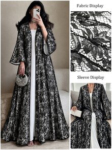 Yasmyna Vintage Heavy Floral Lace Loose Wide Bell Sleeve Long Cover Up Muslim Abaya Cover-Up - Black - View 5