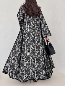 Yasmyna Vintage Heavy Floral Lace Loose Wide Bell Sleeve Long Cover Up Muslim Abaya Cover-Up - Black - View 2