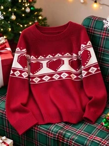GlowEve CURVE Round Neck Heart Red New Year Valentine's Day Christmas Versatile Pullover Sweater Top Winter - Red - View 1