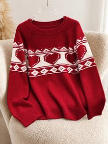 GlowEve CURVE Round Neck Heart Red New Year Valentine's Day Christmas Versatile Pullover Sweater Top Winter - Red - View 5