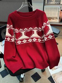 GlowEve CURVE Round Neck Heart Red New Year Valentine's Day Christmas Versatile Pullover Sweater Top Winter - Red - View 3