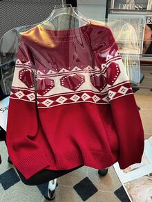 GlowEve CURVE Round Neck Heart Red New Year Valentine's Day Christmas Versatile Pullover Sweater Top Winter - Red - View 6