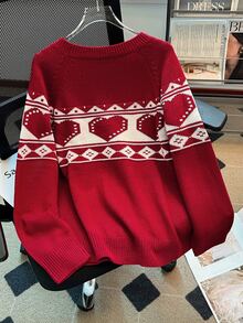 GlowEve CURVE Round Neck Heart Red New Year Valentine's Day Christmas Versatile Pullover Sweater Top Winter - Red - View 2