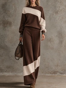 SHEIN Women's Colorblock Long Sleeve Top And Pants Casual Daily Knit Set - Brown - View 2