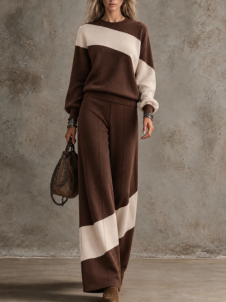 SHEIN Women's Colorblock Long Sleeve Top And Pants Casual Daily Knit Set