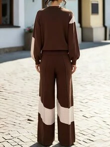 SHEIN Women's Colorblock Long Sleeve Top And Pants Casual Daily Knit Set - Brown - View 3