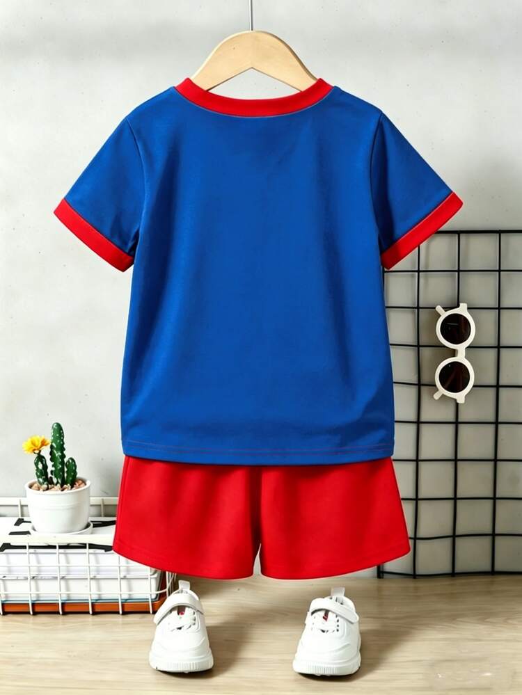 Young Boy's Casual Comfortable Stylish Cool Short Sleeve T-Shirt And Shorts Set, Fashion Versatile, Spring/Summer, Halloween, Gifts - Multicolor - View 2