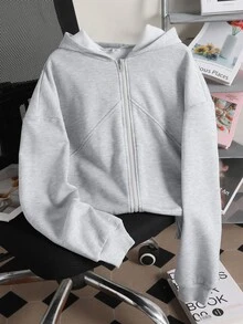 SHEIN 青少年女孩秋季灰色拉鍊落肩長袖寬鬆休閒衛衣外套，寬鬆抓絨內裡基礎休閒衛衣外套 - 灰色 - 查看 2