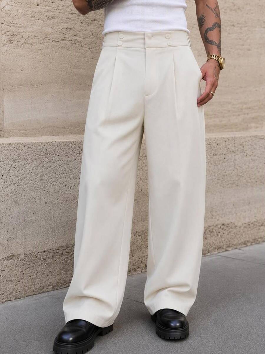 HIMLAND Men's Woven Loose Khaki Solid Color Elastic Waist Barrel Leg Curved Hem Pants, Summer Halloween Christmas Winter Party Autumn - White - View 1
