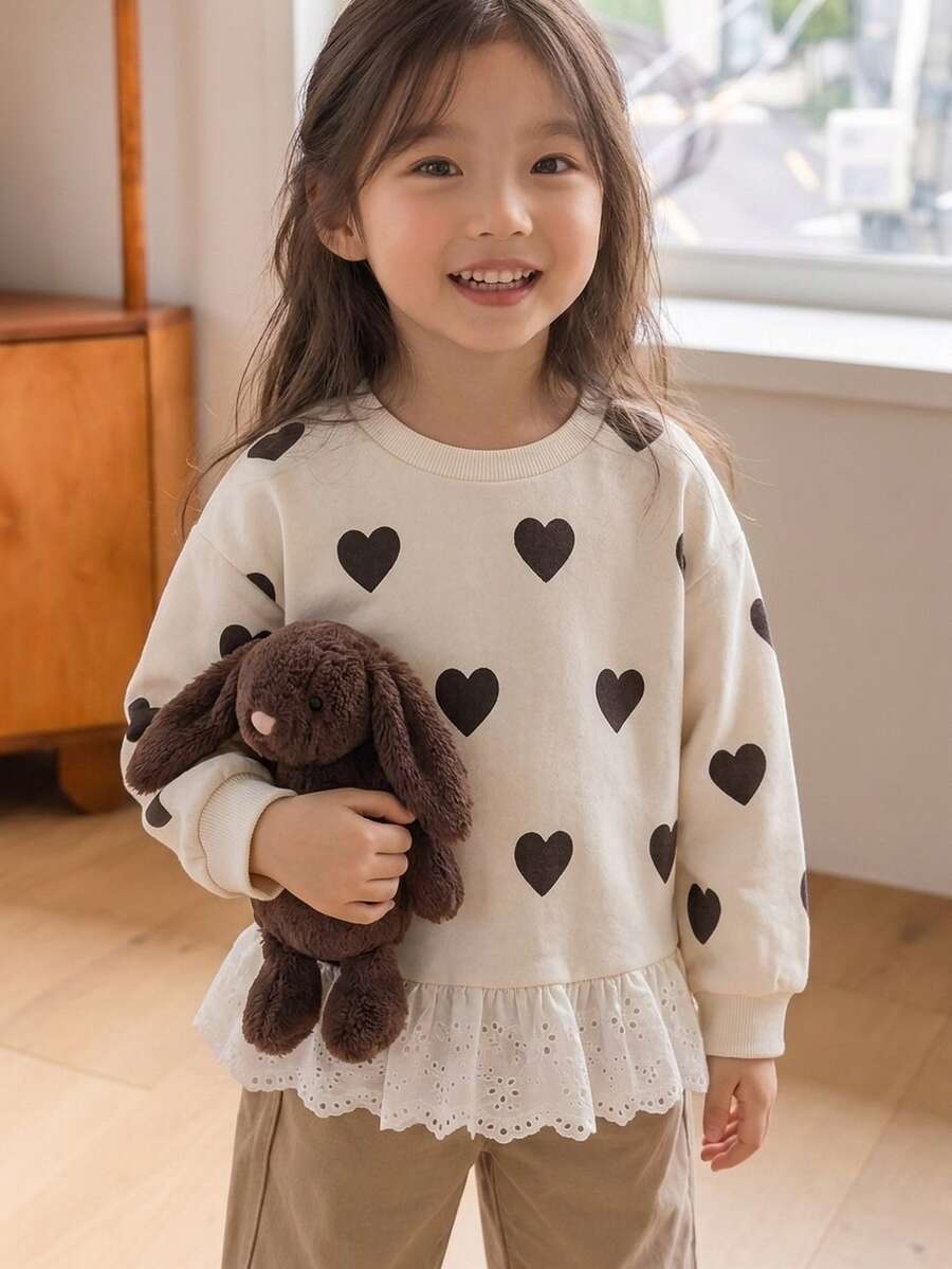 SHEIN Genkimix Kids Girls' Minimalist Fashionable English Slogan Embroidered 3D Bow Decor Hem Patchwork White Ruffle Trim Gray Fleece Loose Drop Shoulder Long Sleeve Crew Neck Pullover Sweatshirt, Autumn - Beige - View 1